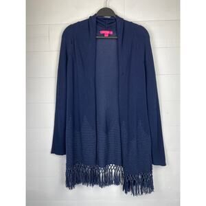 Lilly Pulitzer Tatum Long Fringe Hem Cardigan Open Front Blue Medium